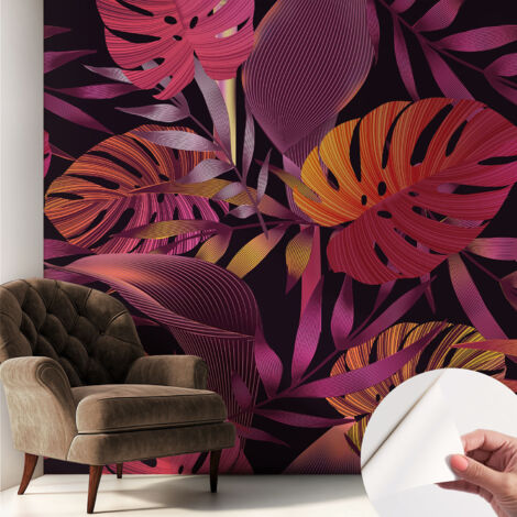 Papier peint adhésif décoratif pour salon chambre et cuisine Facile à poser avec colle Feuilles exotiques 250x250 cm