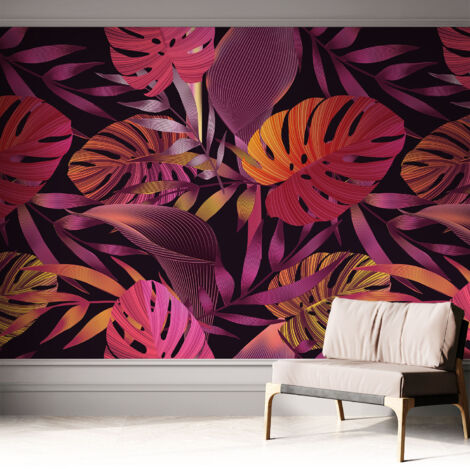 Papier peint adhésif décoratif pour salon chambre et cuisine Facile à poser avec colle Feuilles exotiques 312x219 cm
