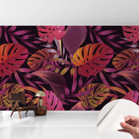 Papier peint adhésif décoratif pour salon chambre et cuisine Facile à poser avec colle Feuilles exotiques 416x254 cm