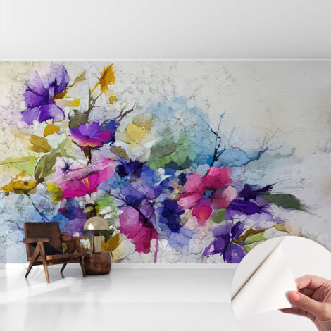 Papier peint adhésif décoratif pour salon chambre et cuisine Facile à poser avec colle Fleurs abstraites 416x254 cm