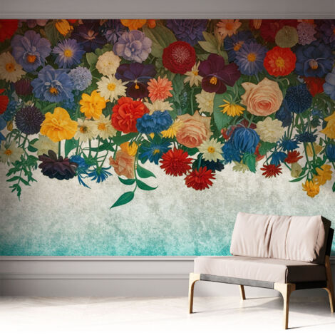Papier peint adhésif décoratif pour salon chambre et cuisine Facile à poser avec colle Fleurs colorées 312x219 cm