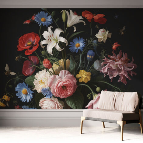 Papier peint adhésif décoratif pour salon chambre et cuisine Facile à poser avec colle Fleurs et insectes 312x219 cm