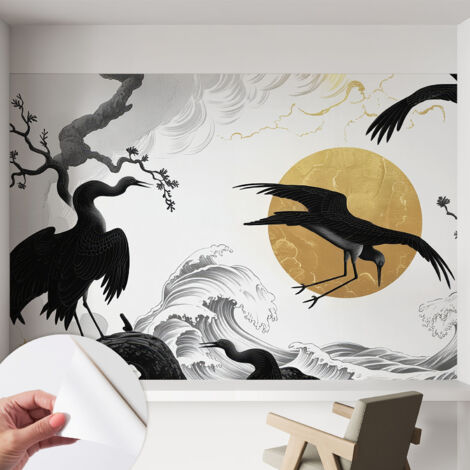Papier peint adhésif décoratif pour salon chambre et cuisine Facile à poser avec colle Grues noires 152x104 cm