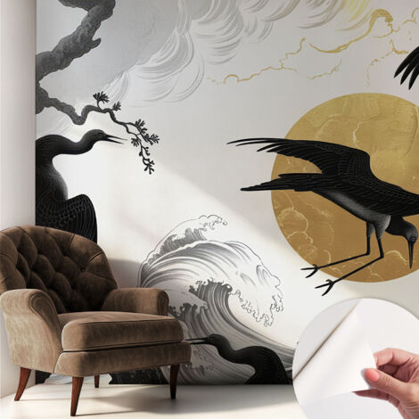 Papier peint adhésif décoratif pour salon chambre et cuisine Facile à poser avec colle Grues noires 250x250 cm