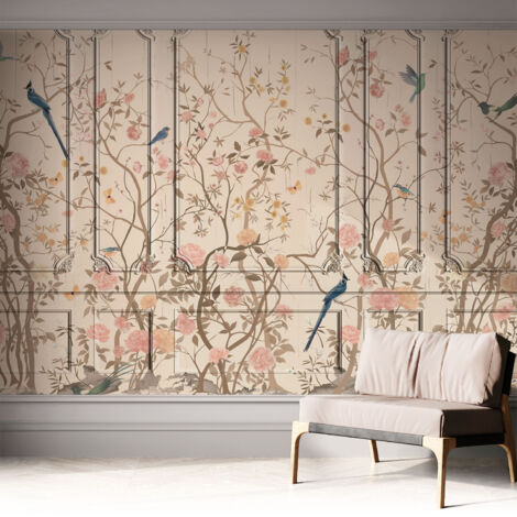 Papier peint adhésif décoratif pour salon chambre et cuisine Facile à poser avec colle Oiseaux et fleurs 312x219 cm