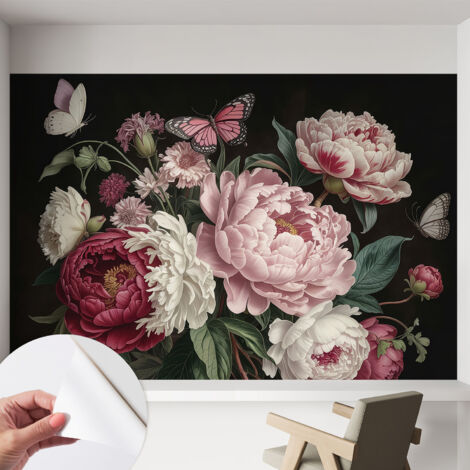 Papier peint adhésif décoratif pour salon chambre et cuisine Facile à poser avec colle Pivoines et papillons 152x104 cm