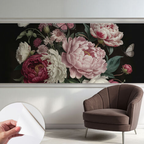 Papier peint adhésif décoratif pour salon chambre et cuisine Facile à poser avec colle Pivoines et papillons 250x104 cm