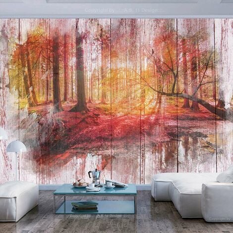 Papier peint adhésif Forêt d'automne - Rouge, orange, gris