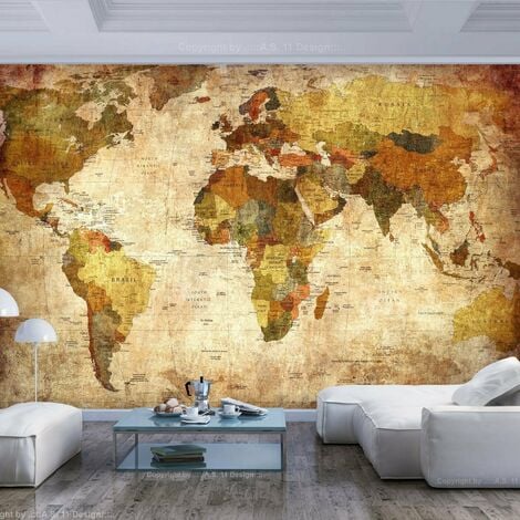Papier peint ancienne carte du monde - Beige, vert, orange