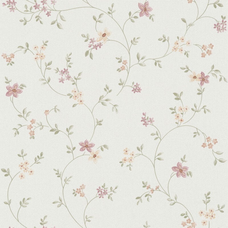 Papier peint anglais blanc & vert motif floral Tapisserie fleurie idéale salon rétro Papier peint moderne à fleurs rose & vert