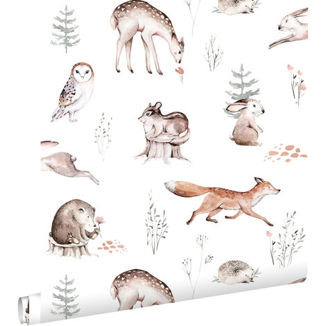 papier peint animaux de la forêt vintage blanc, orange et marron - ESTAhome