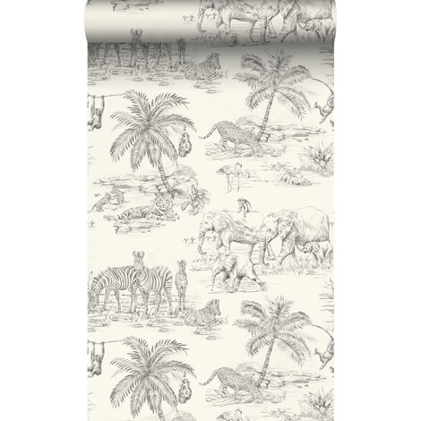 papier peint animaux de la jungle blanc d'ivoire et gris  - Origin Wallcoverings