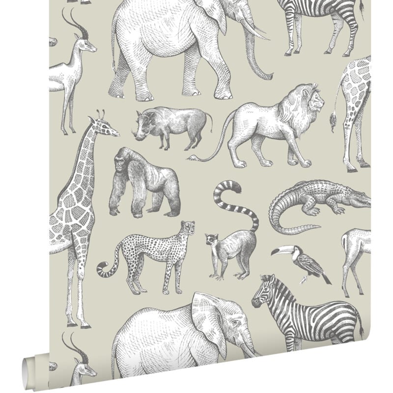 Papier peint animaux de la jungle gris vert Estahome
