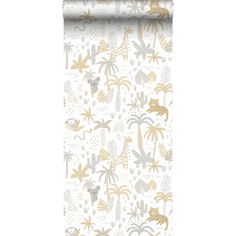 Papier peint animaux de la jungle jaune ocre, gris et beige Sanders&sanders