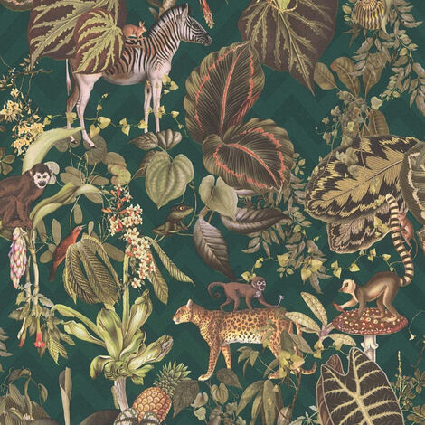 Papier peint animaux savane vert foncé Papier peint tropical Papier peint intissé et embossé Idéal pour salon