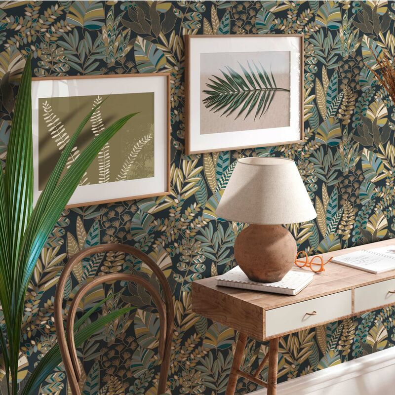 A.s.creations - Papier peint feuillage pastel fond foncé Tapisserie feuille Papier peint intissé et embossé Facile à appliquer Idéal pour salon