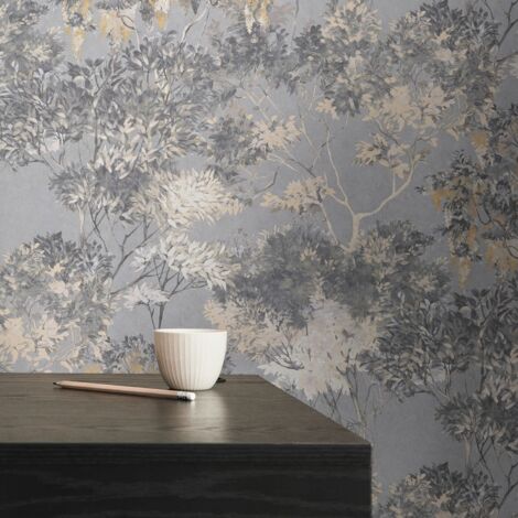 Papier peint arborisé crème et gris Tapisserie feuillage style jungle Papier peint sur fond gris idéal pour salon et couloir