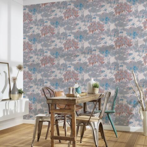 Papier peint arborisé gris, bleu, orange Tapisserie feuillage style jungle Papier peint sur fond crème idéal pour salon