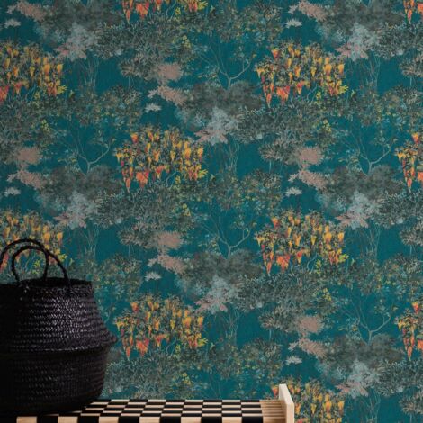 Papier peint arborisé vert et jaune Tapisserie feuillage style jungle Papier peint sur fond turquoise idéal pour salon et chambre