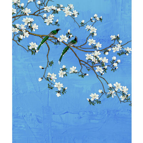 Papier peint Arbre a fleurs blanches et ciel bleu 225 x 270 cm