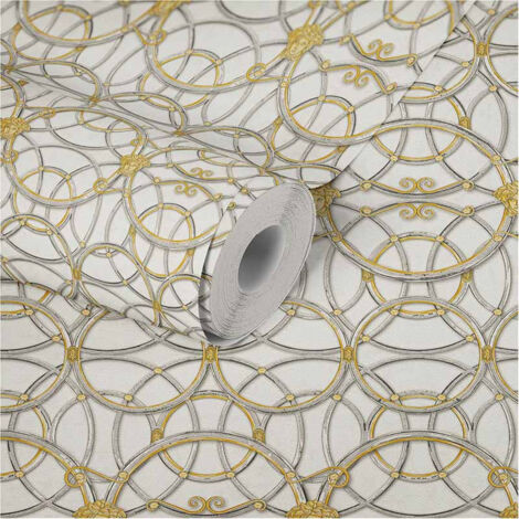 Papier peint art déco beige crème gris & doré Tapisserie motif rond avec Médusa pour chambre adulte Papiers peints dorés salon