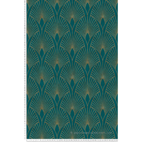 Papier peint art déco bleu canard et or – 53 cm x 10,05 m – Intissé lessivable et brossable – Raccord droit 18 cm – Livingwalls