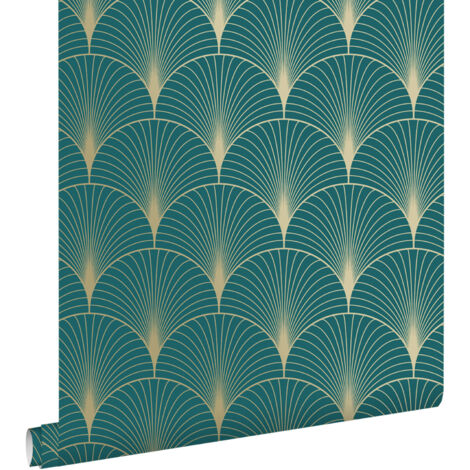 Papier peint art déco bleu canard et or – 53cm x 10,05m – Intissé écologique facile à poser – Motif répétitif tous les 17,6cm – Estahome