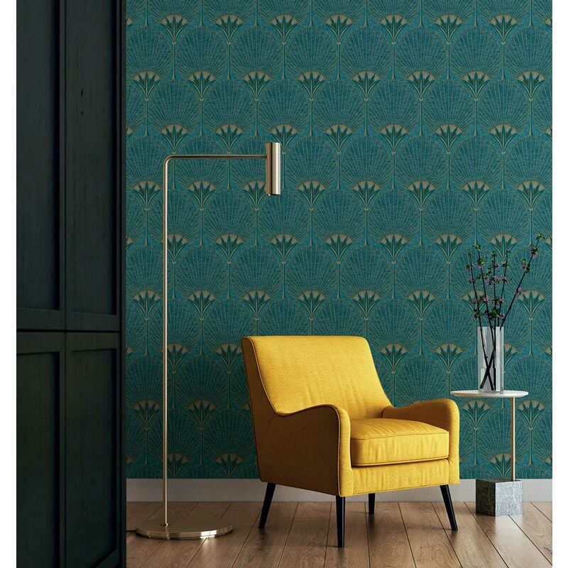 Papier peint art deco bleu paon 53x1000cm