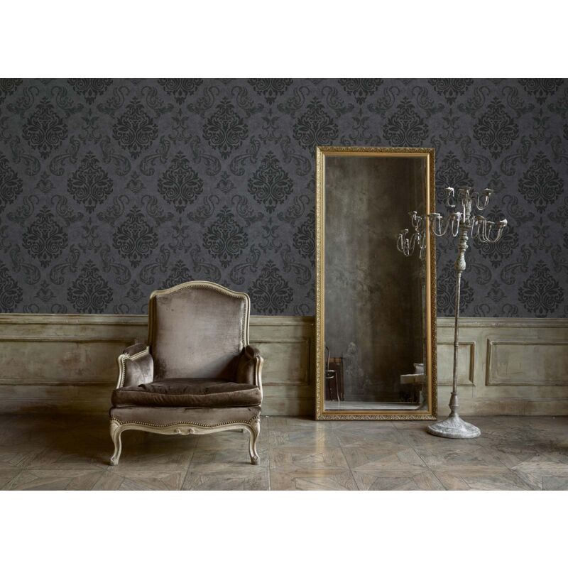Papier peint baroque noir et gris Papier peint damassé moderne Papier peint intissé Idéal pour chambre