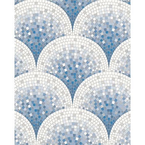 Papier peint aspect pierre carrelage Profhome BA220046-DI papier peint intissé gaufré à chaud gaufré avec un dessin carrelage brillant bleu blanc bleu pigeon 5,33 m2