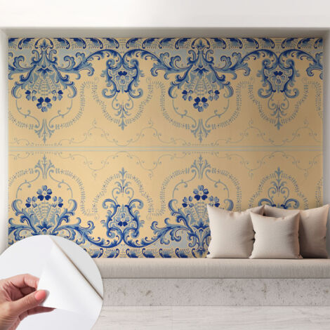 Papier peint autocollant à motifs décoratifs pour salon chambre et bureau Décoration murale élégante avec colle Ornements bleus 208x146 cm