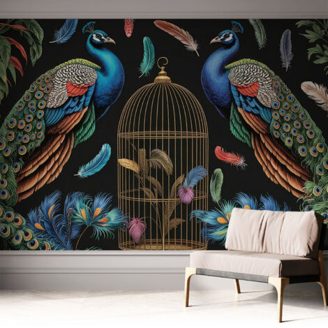 Papier peint autocollant à motifs décoratifs pour salon chambre et bureau Décoration murale élégante avec colle Paons exotiques 312x219 cm