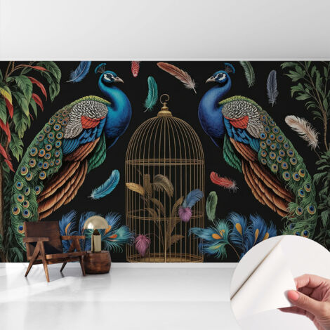 Papier peint autocollant à motifs décoratifs pour salon chambre et bureau Décoration murale élégante avec colle Paons exotiques 416x254 cm