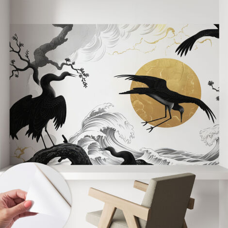 Papier peint autocollant adhésif avec motifs pour salon et chambre accessoire stylé pour votre intérieur Grues noires 104x70 cm