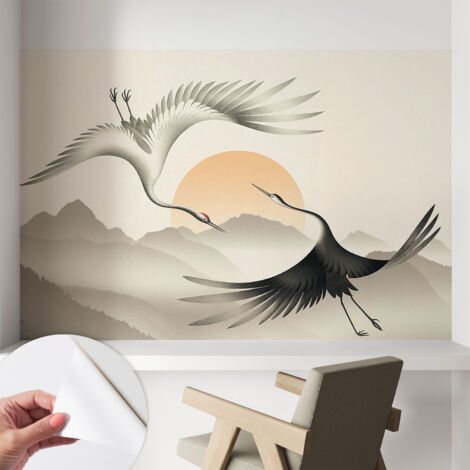 Papier peint autocollant adhésif décoratif avec motifs pour salon et chambre a motif Grues de l'Est 104x70 cm