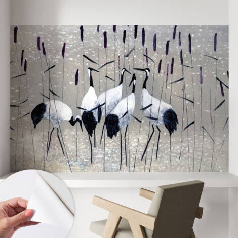 Papier peint autocollant adhésif décoratif avec motifs pour salon et chambre a motif Grues harmonieuses 104x70 cm