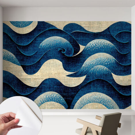 Papier peint autocollant adhésif décoratif avec motifs pour salon et chambre a motif Vagues bleues 152x104 cm