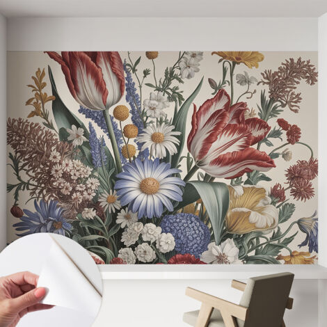 Papier peint autocollant avec imprimé décoratif pour salon et chambre à coucher Installation facile Bouquet de fleurs 152x104 cm