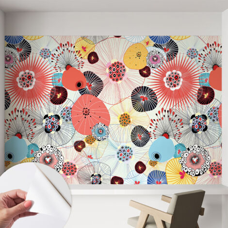 Papier peint autocollant avec imprimé décoratif pour salon et chambre à coucher Installation facile Fleurs colorées 152x104 cm