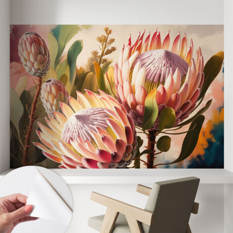 Papier peint autocollant avec imprimé décoratif pour salon et chambre à coucher Installation facile Fleurs de protéa 104x70 cm