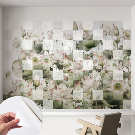 Papier peint autocollant avec imprimé décoratif pour salon et chambre à coucher Installation facile Motifs de lotus 152x104 cm