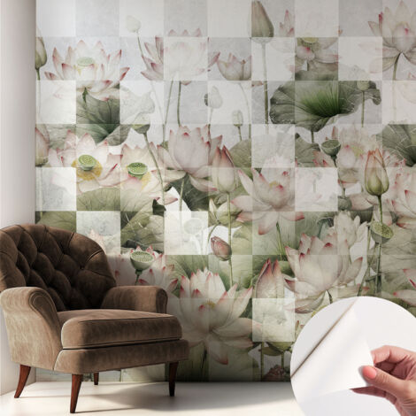 Papier peint autocollant avec imprimé décoratif pour salon et chambre à coucher Installation facile Motifs de lotus 250x250 cm