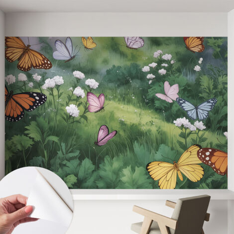 Papier peint autocollant avec imprimé décoratif pour salon et chambre à coucher Installation facile Papillons dans la prairie 152x104 cm