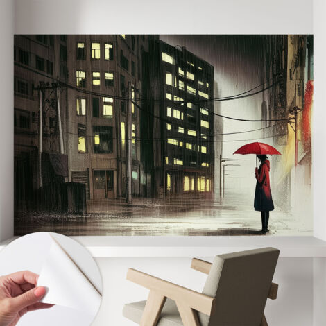 Papier peint autocollant avec imprimé décoratif pour salon et chambre à coucher Installation facile Ville pluvieuse 104x70 cm