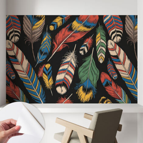 Papier peint autocollant avec imprimé pour cuisine facile à appliquer pour mur a motif Plumes colorées 104x70 cm