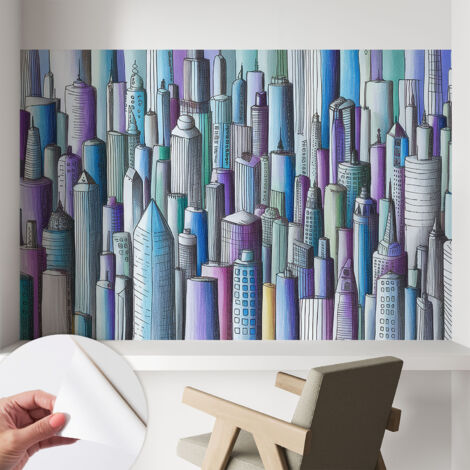 Papier peint autocollant avec imprimé  pour intérieur moderne application facile a motif Gratte-ciel urbains 104x70 cm