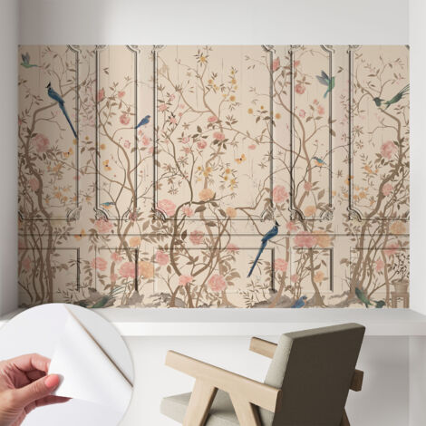 Papier peint autocollant avec imprimé  pour intérieur moderne application facile a motif Oiseaux et fleurs 104x70 cm