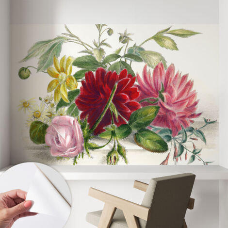 Papier peint autocollant décoratif à motifs pour salon chambre et bureau Tapete adhésif pour décoration Bouquet de fleurs 104x70 cm