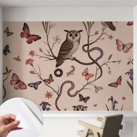 Papier peint autocollant décoratif à motifs pour salon chambre et bureau Tapete adhésif pour décoration Hibou nature 152x104 cm