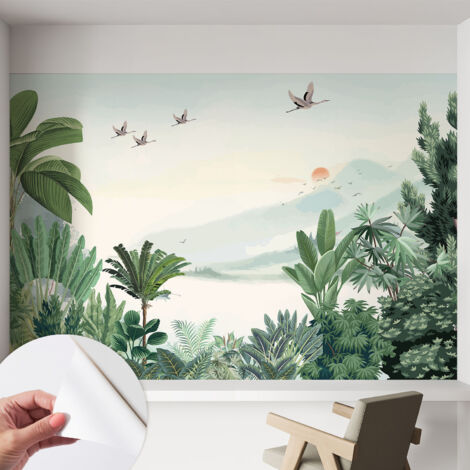Papier peint autocollant décoratif à motifs pour salon chambre et bureau Tapete adhésif pour décoration Oasis tropicale 152x104 cm